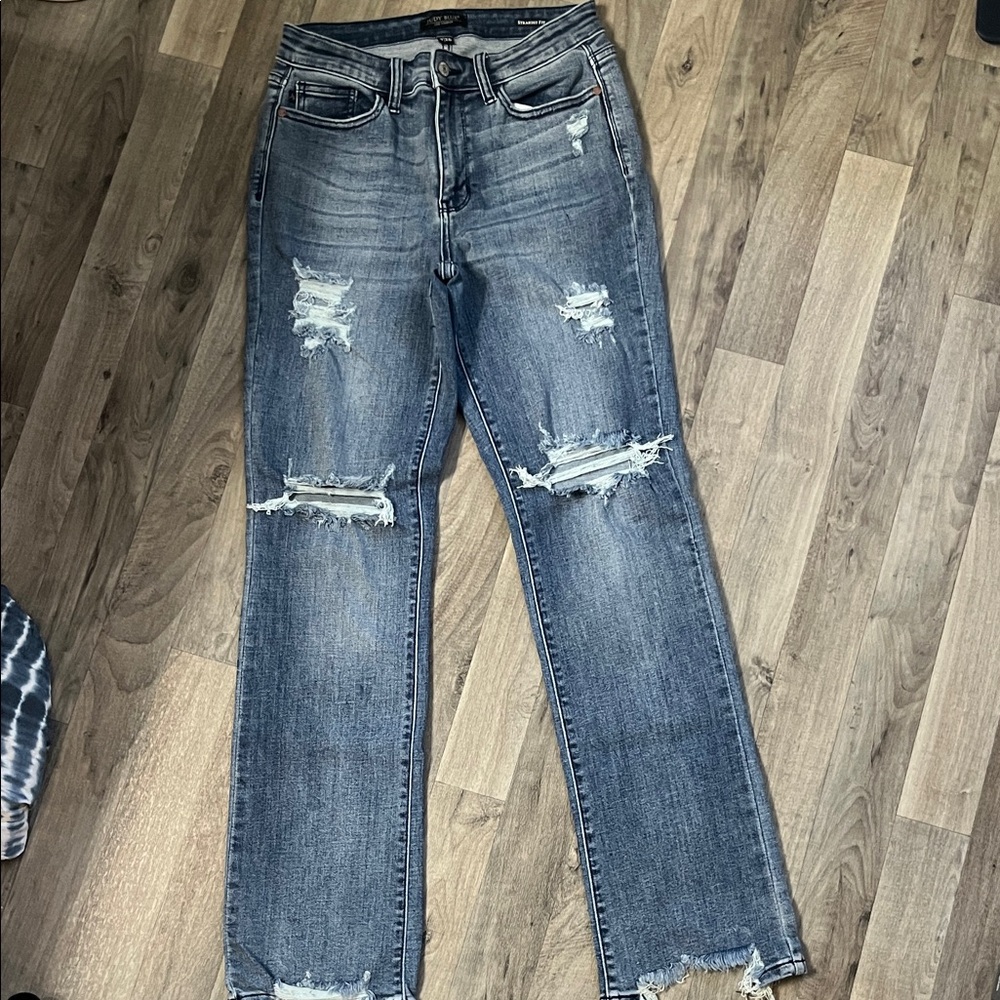 Judy Blue Distressed Straight Leg Jeans - Classic Blue